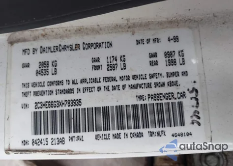 1999 Chrysler 300M from USA, damaged, VIN 2C3HE66G3XH783935